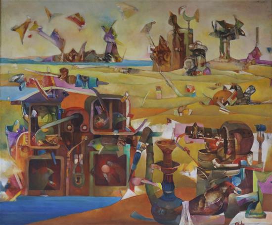 A surreal oil painting of a landscape by D. Attia Hussein, 79 x 93cm